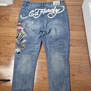Ed‎ Hardy Jeans 38x30 Embroidered NYC Butt Tattoo Distressed Grunge Y2K Skater